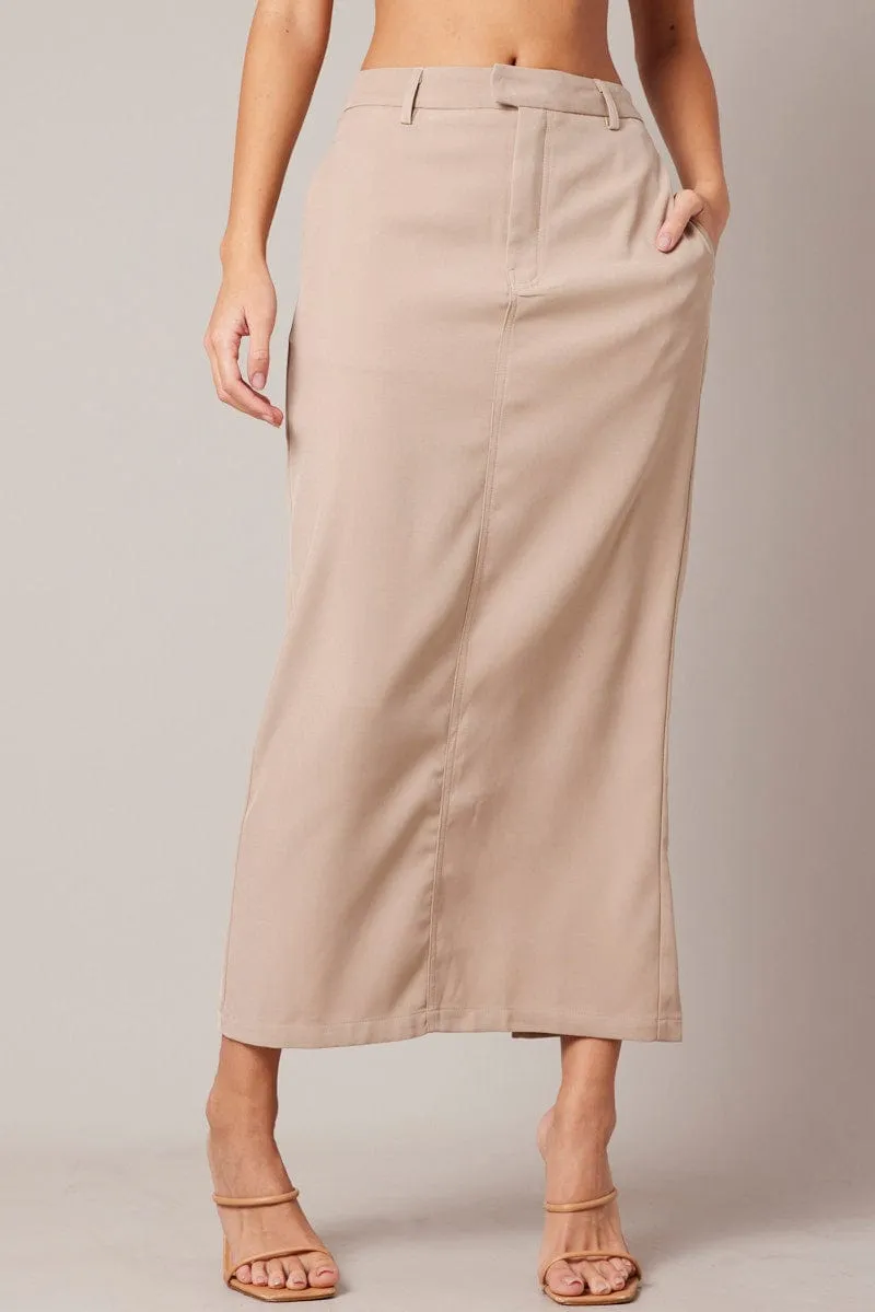 Beige Tailored Maxi Skirt High Rise