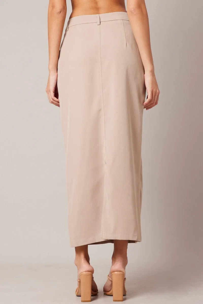 Beige Tailored Maxi Skirt High Rise