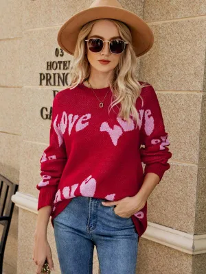 Charming Women's Letter Jacquard Knit Sweater for a Cozy Valentine's Day