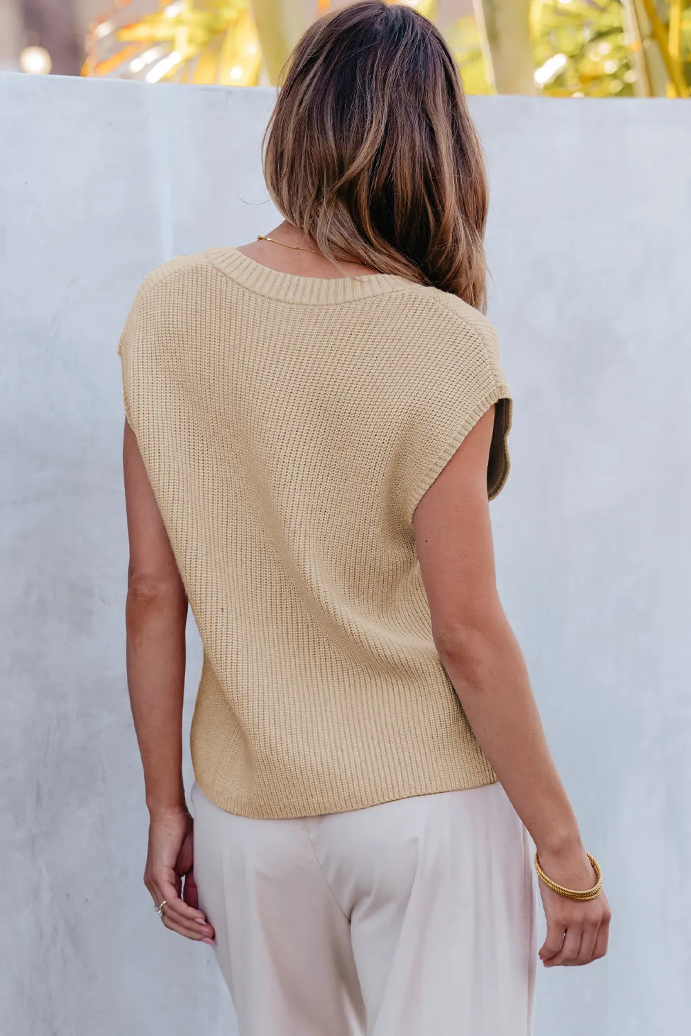 Chest V Neck Ribbed Cap Sleeve Sweater