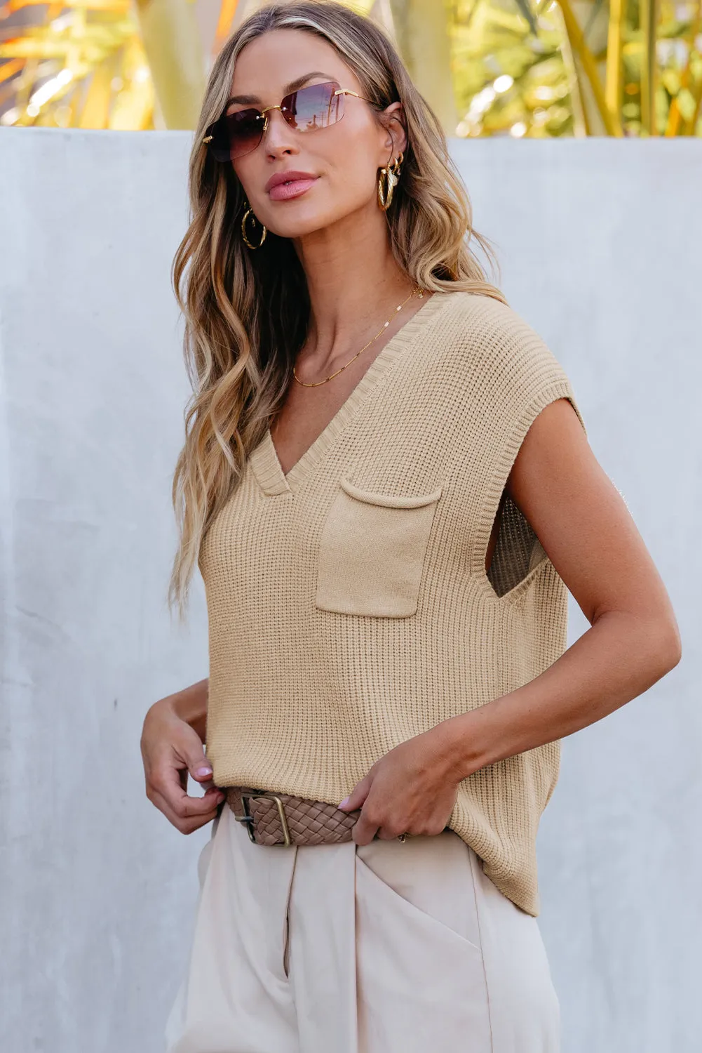 Chest V Neck Ribbed Cap Sleeve Sweater