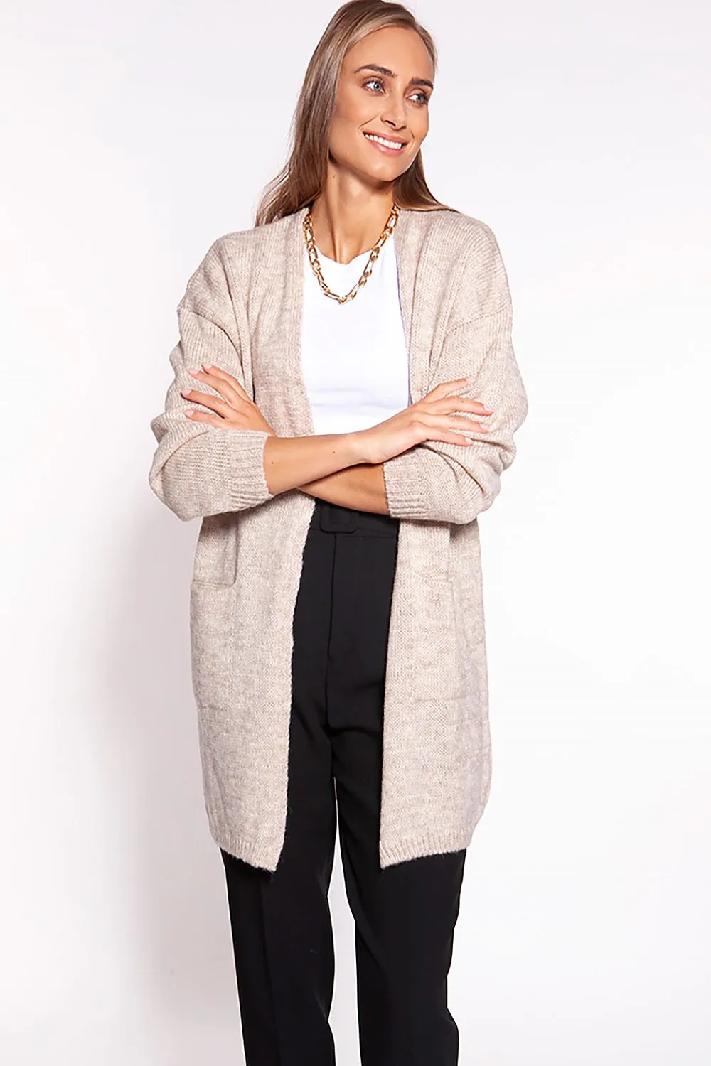 Chic Melange Knit Sweater Coat with Practical Pockets