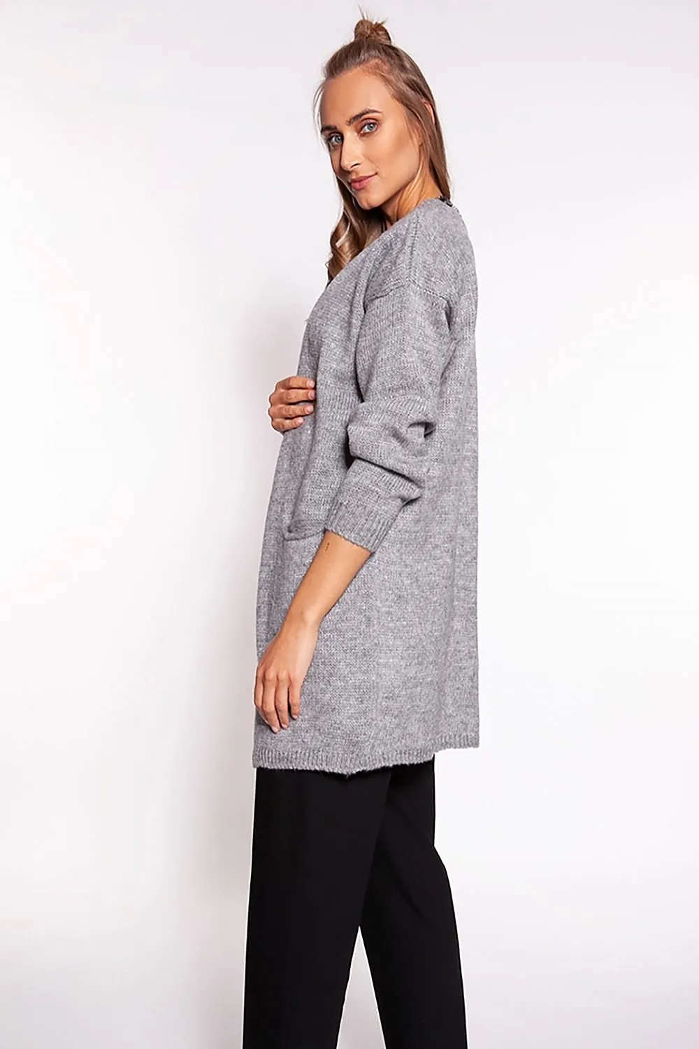 Chic Melange Knit Sweater Coat with Practical Pockets