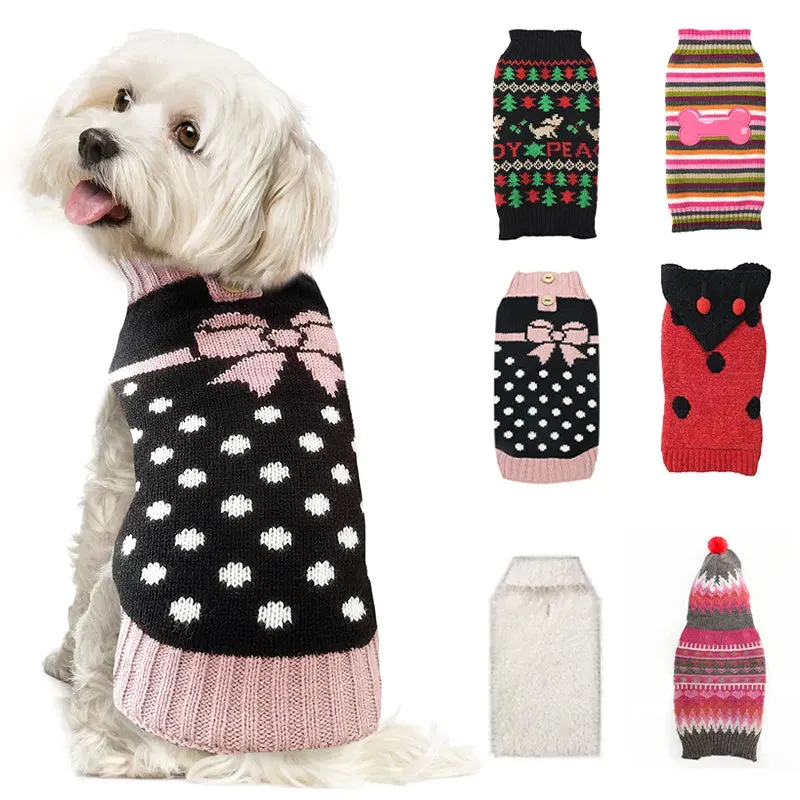 Christmas Polka Dot Bow Luxury Sweaters for Dogs and Cats - Stylish Knitwear to Keep Chihuahuas, Yorkshire Terriers, and Pets Warm in Winter