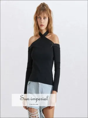 Colombes top - off Shoulder Halter Kintted Sweaters Women Long Sleeve Knitting Sweater top