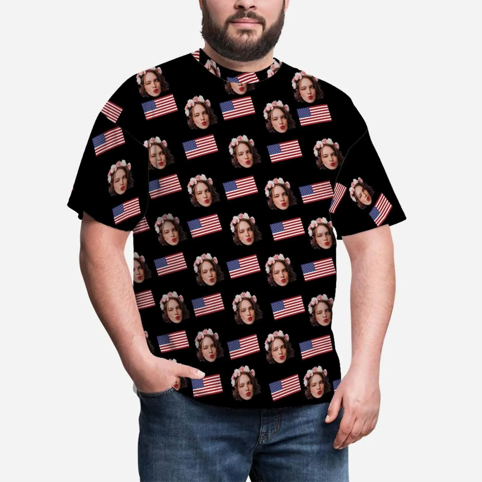 Custom Face Shirts American Flag Men's All Over Print T-shirt with Personalized Pictures for Independence Day