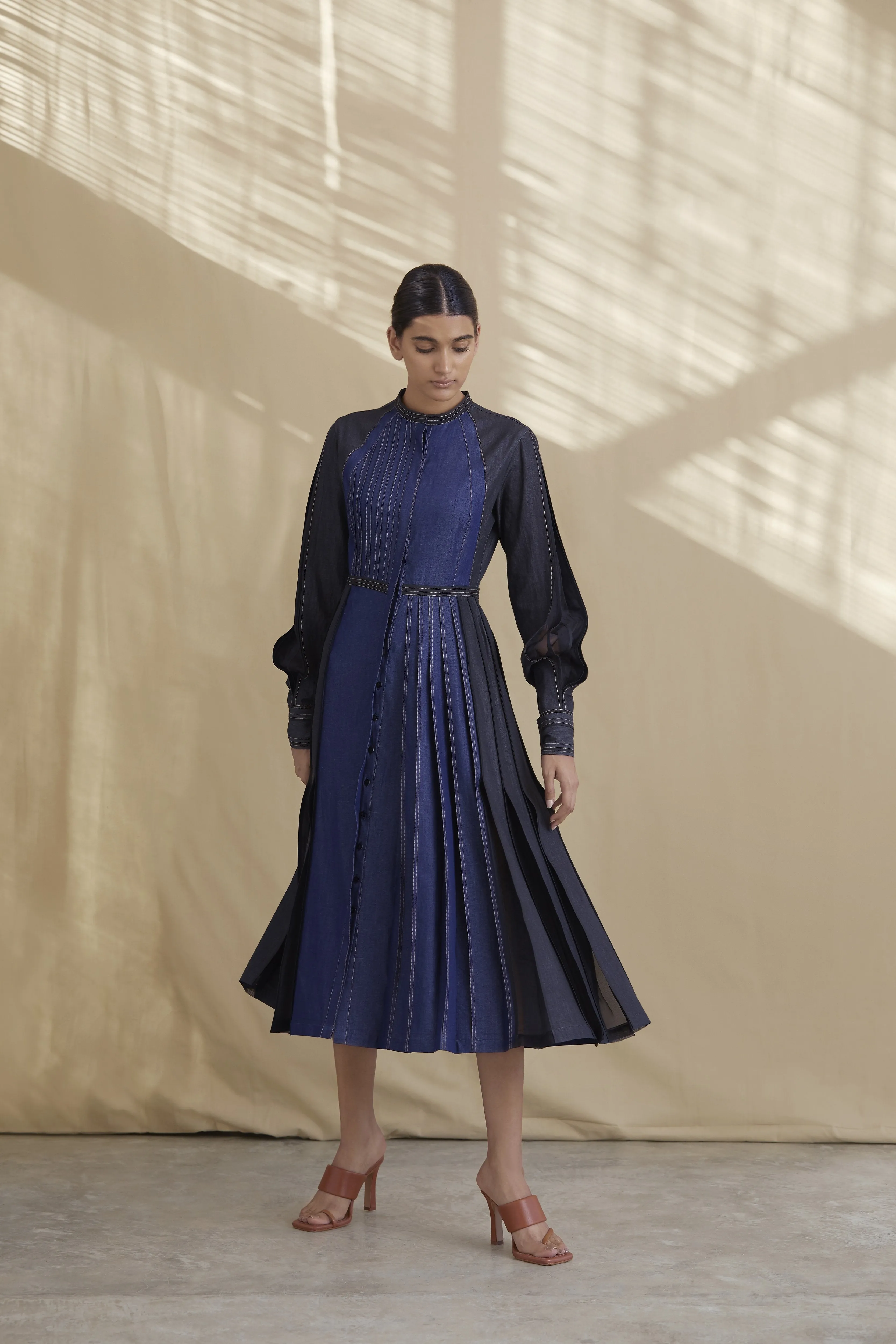 Denim Panelled Dress with Pleats