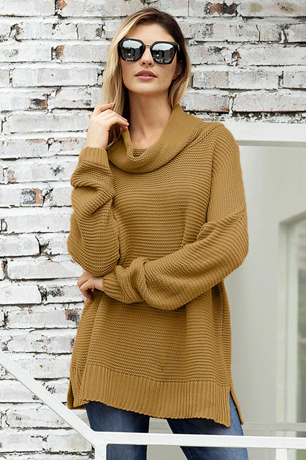 Fashion Khaki Cozy Long Sleeves Turtleneck Sweater