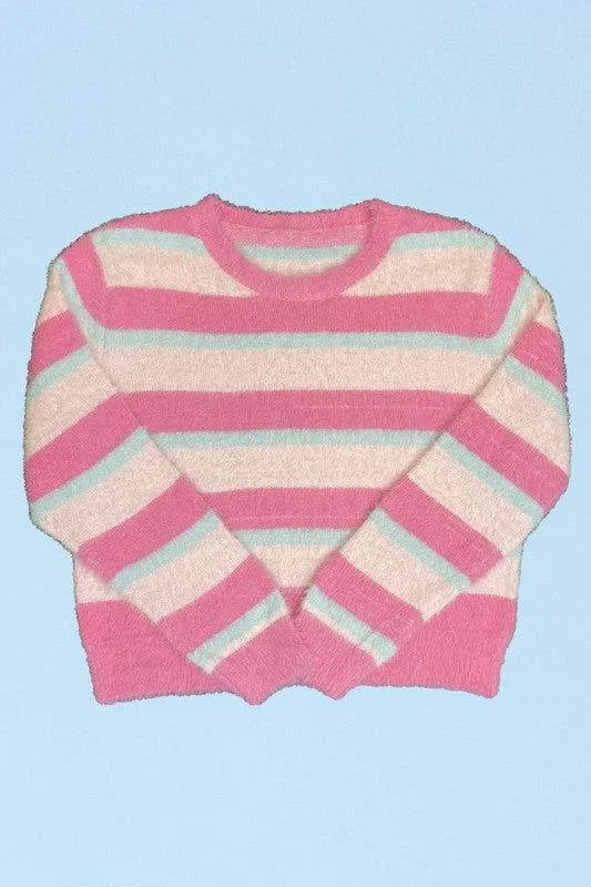 Fuzzy striped knit sweater