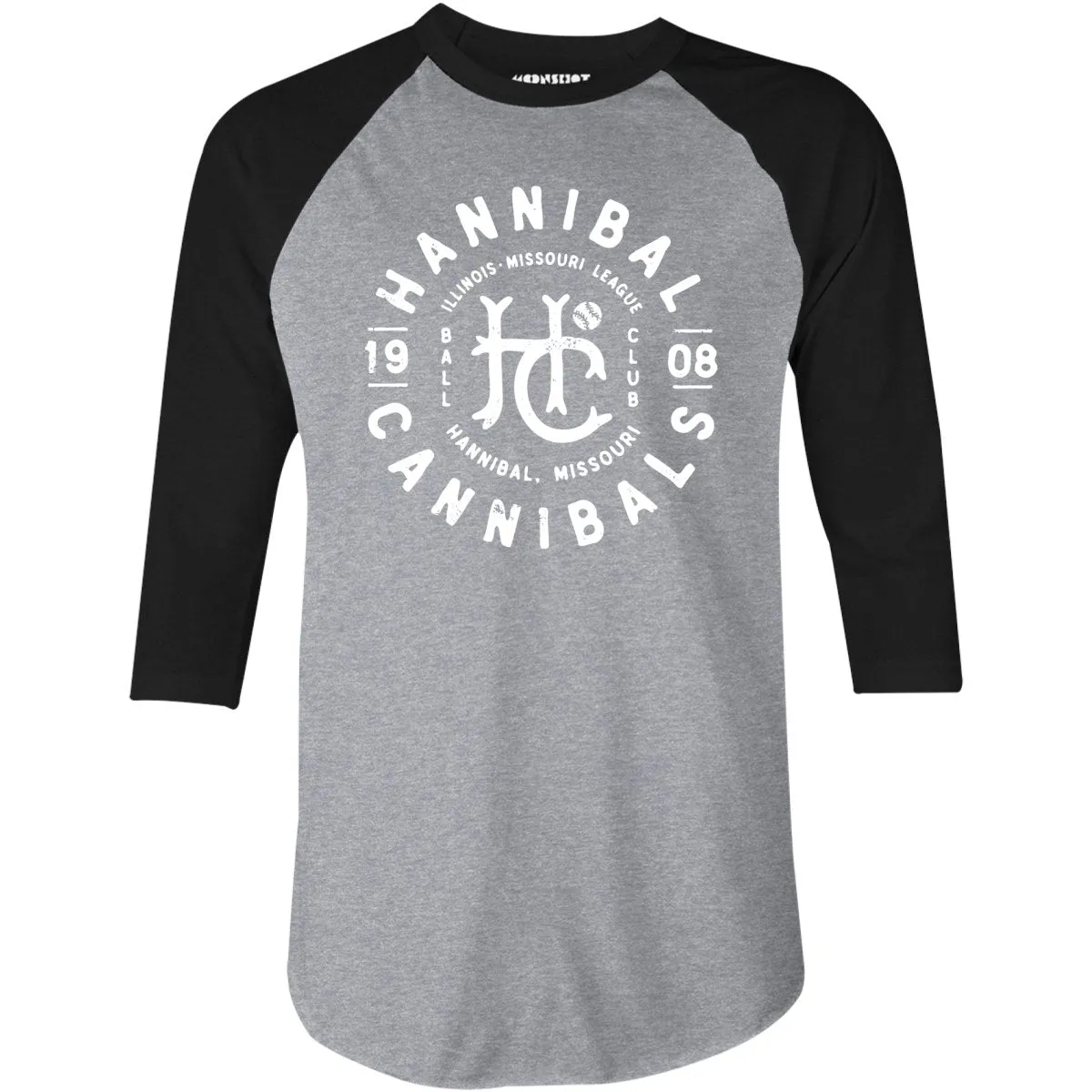 Hannibal Cannibals - Missouri - Vintage Defunct Baseball Teams - 3/4 Sleeve Raglan T-Shirt