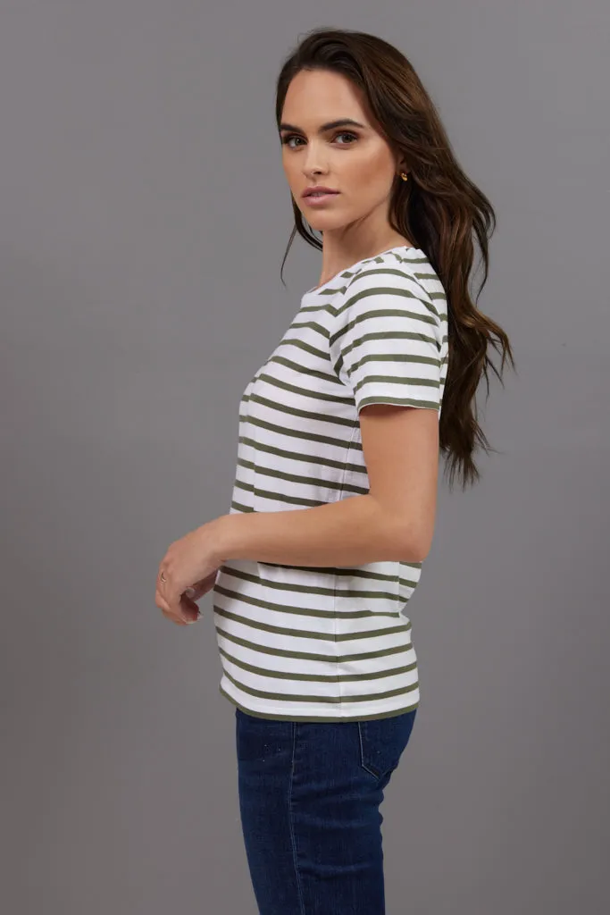 Majestic Short Sleeve Striped Crewneck Tee in Kaki Army