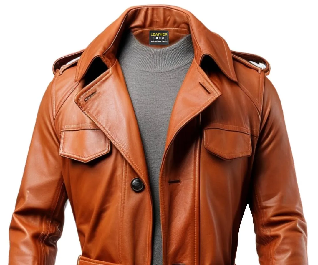 Men Long Leather Tan Color Coat