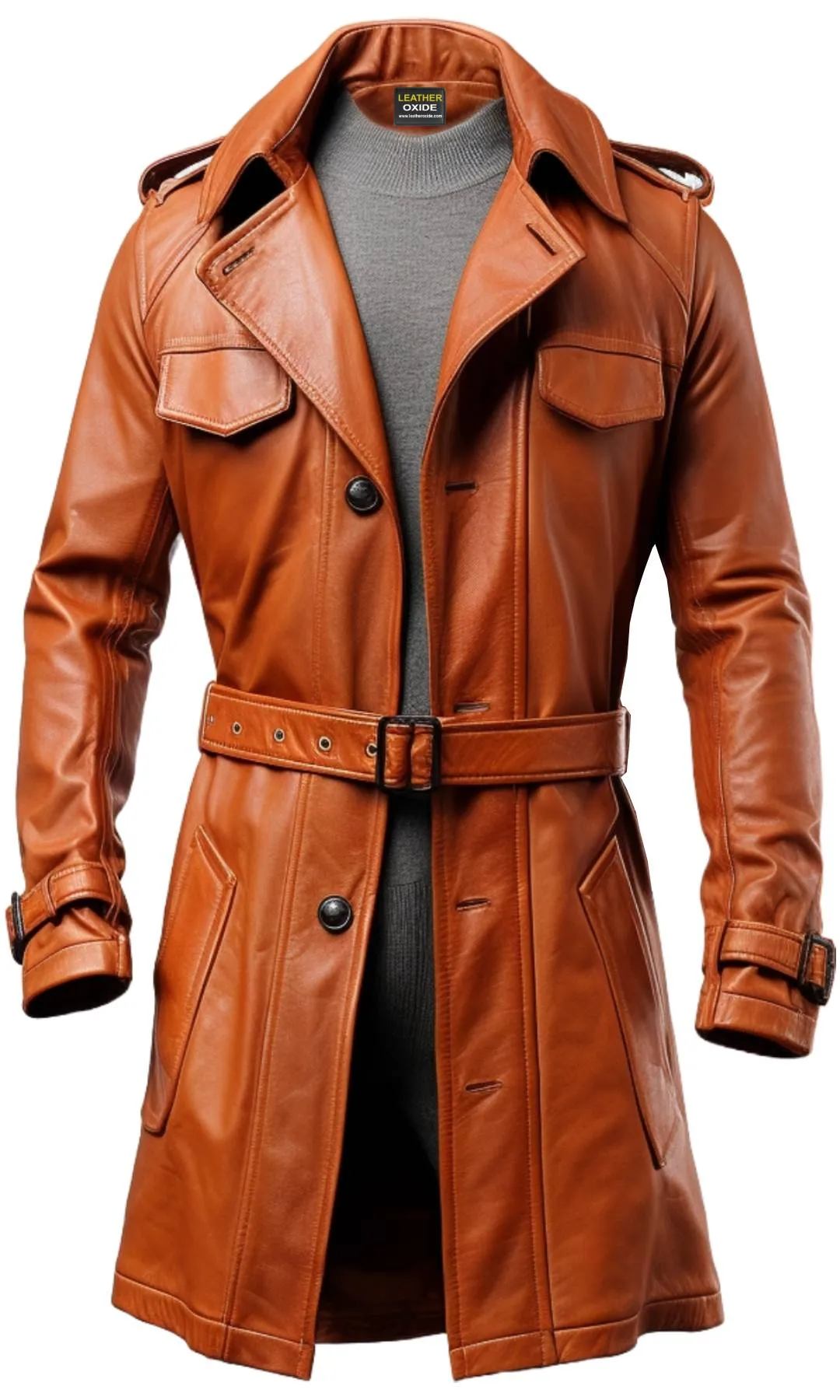 Men Long Leather Tan Color Coat