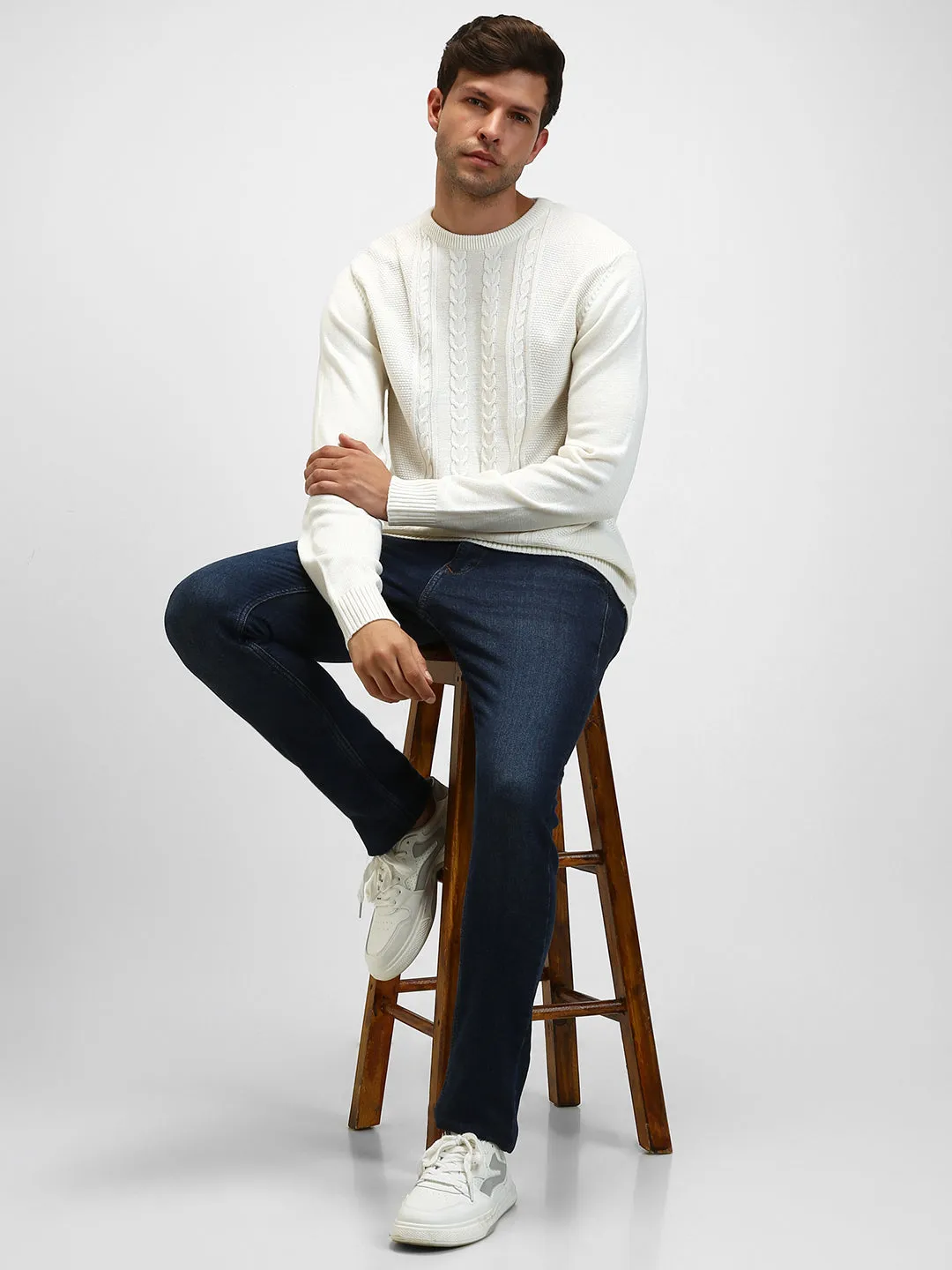 Men's Cable Knit Self Design Ribbed Acrylic Pullover Sweater