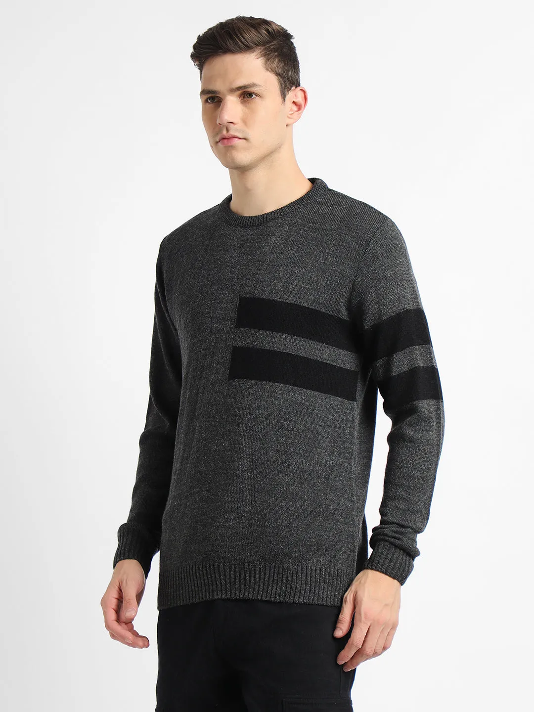 Men's Grey Striped Round neck pullover sweater