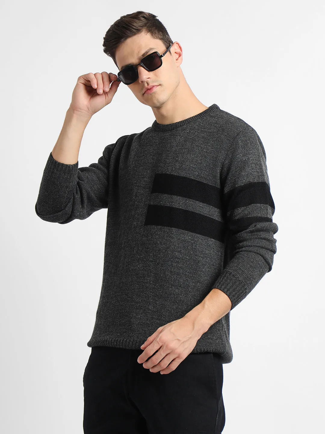 Men's Grey Striped Round neck pullover sweater