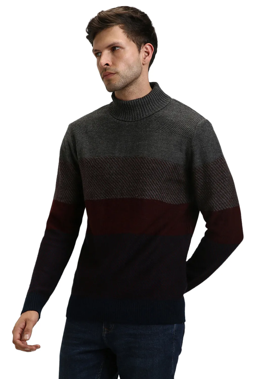 Men's Grey Striped Round neck pullover sweater