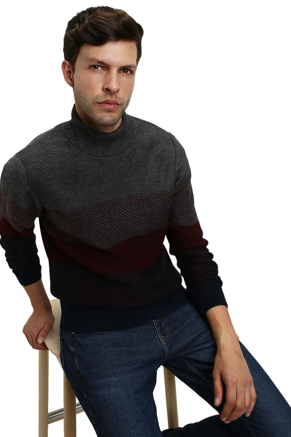 Men's Grey Striped Round neck pullover sweater