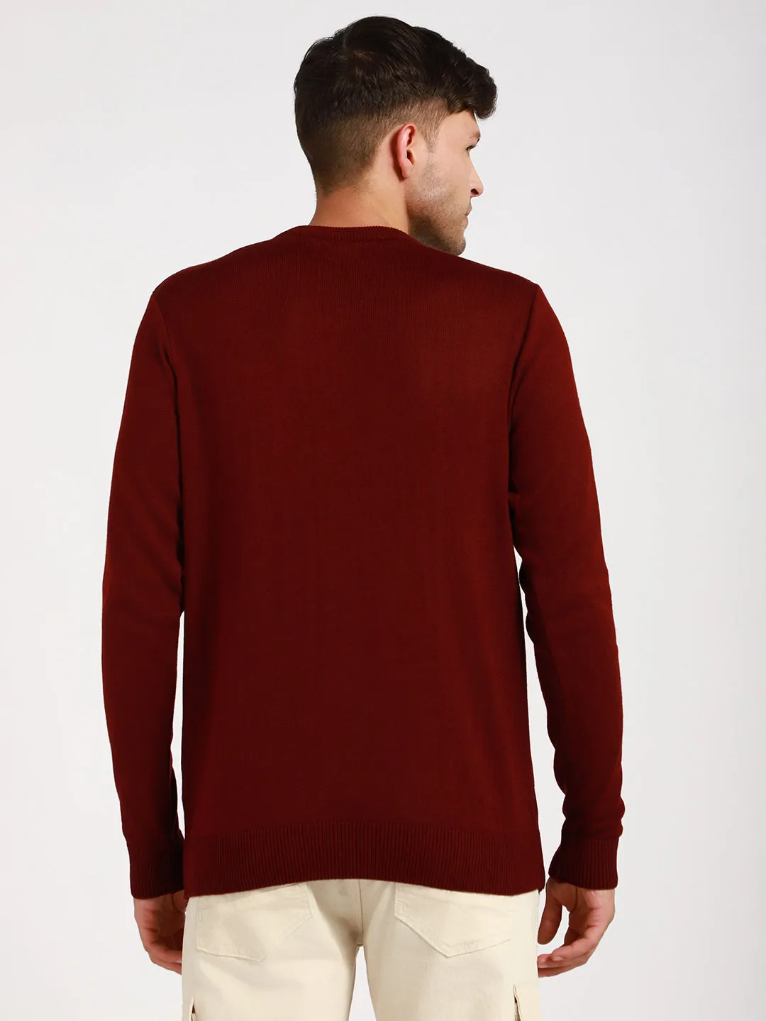 Men's Maroon Solid Acrylic Pullover Sweater