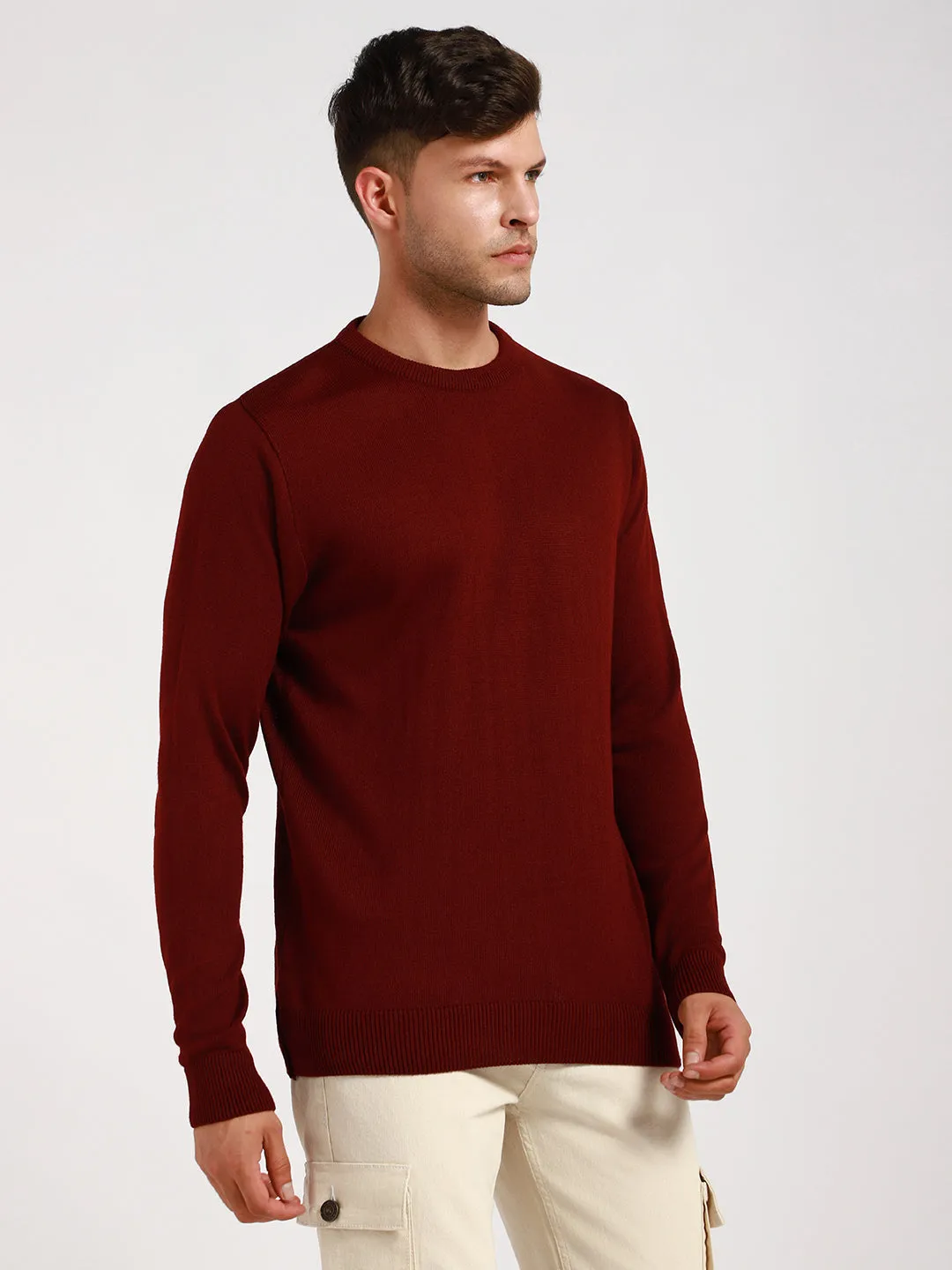 Men's Maroon Solid Acrylic Pullover Sweater