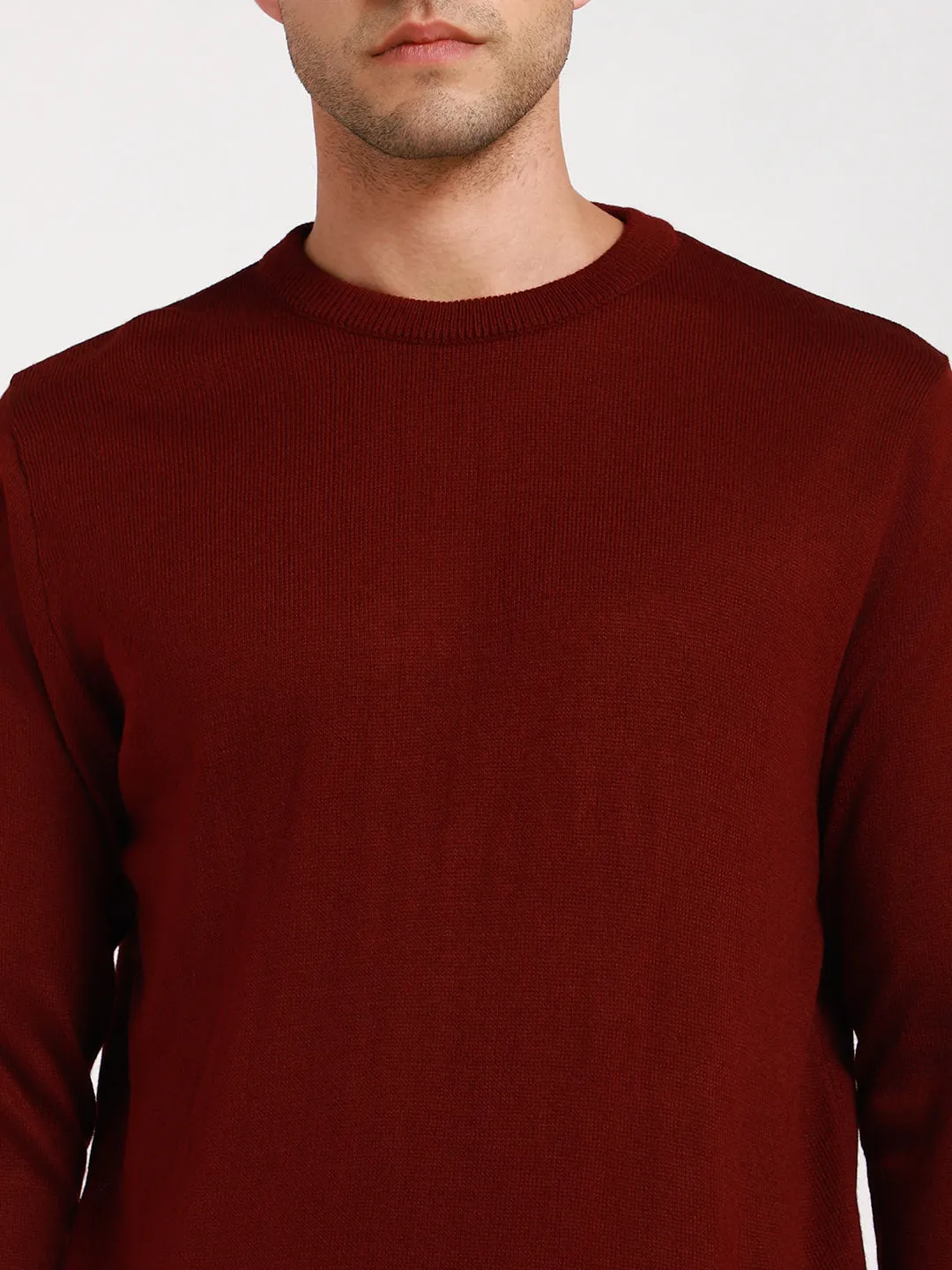 Men's Maroon Solid Acrylic Pullover Sweater