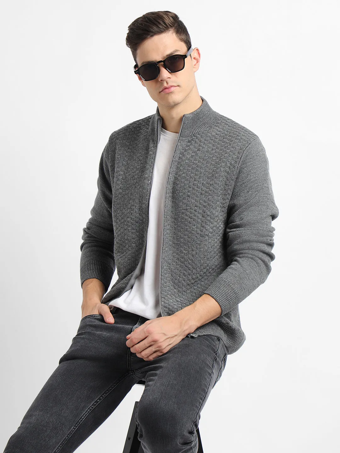 Men's Mock Regular Fit Solid Mid Grey Mel Sweater