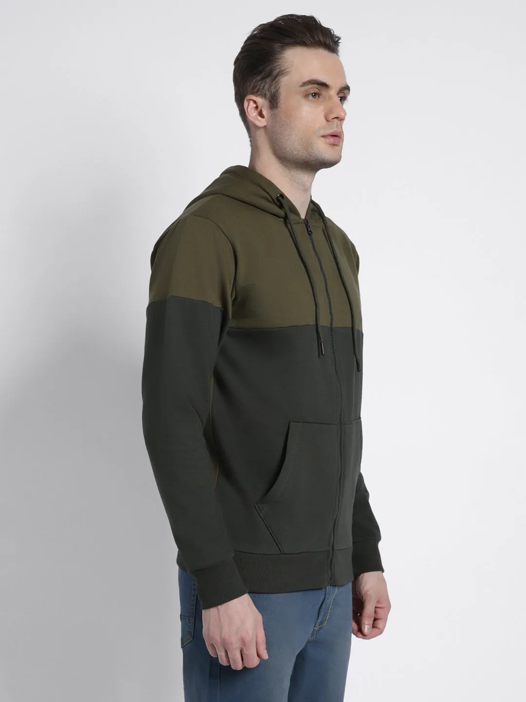 Men's Olive colorblock Front-Open Hooded Sweatshirt