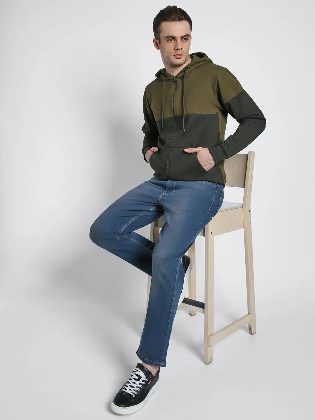 Men's Olive colorblock Front-Open Hooded Sweatshirt