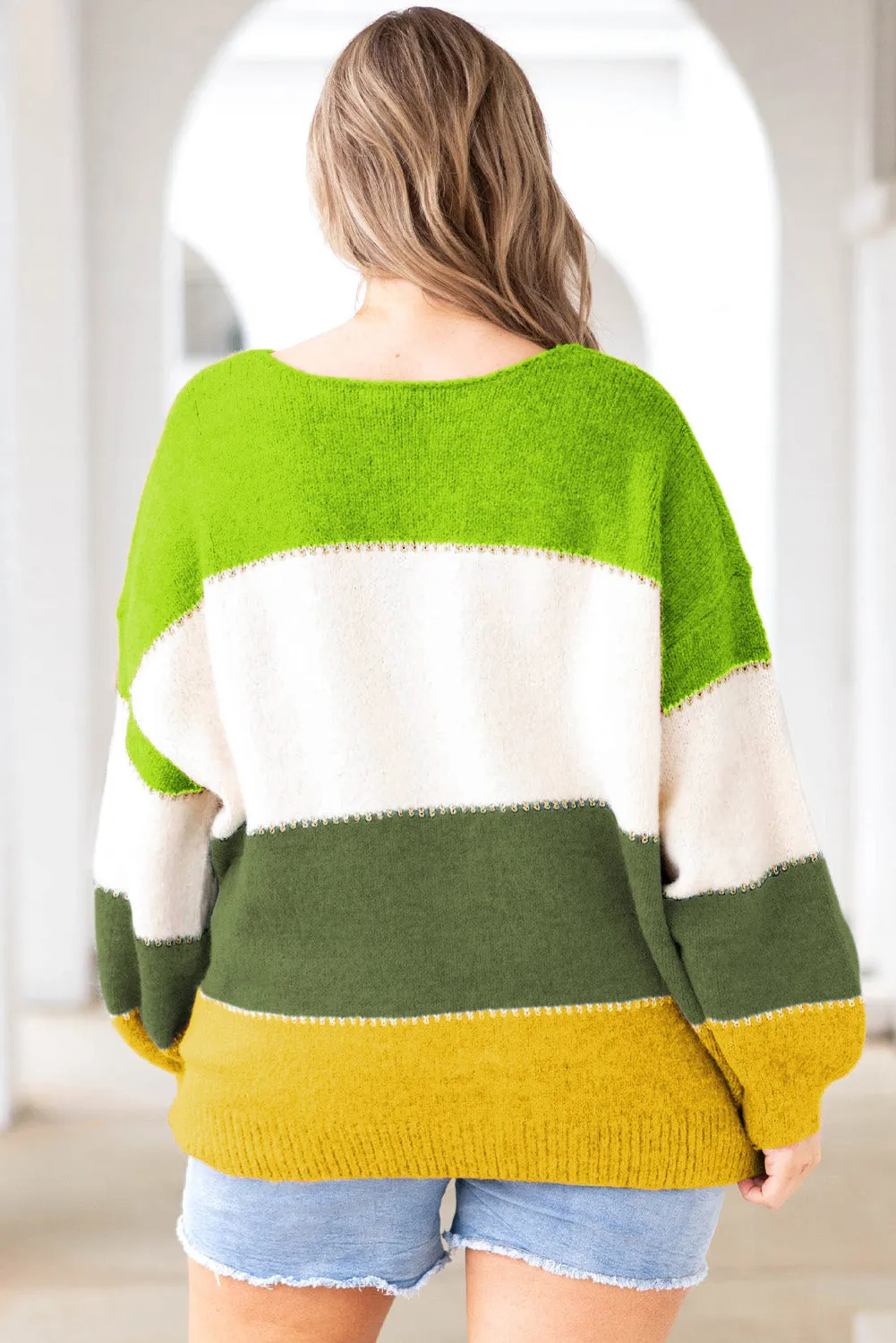 Plus Size Color Block Patchwork Sweater