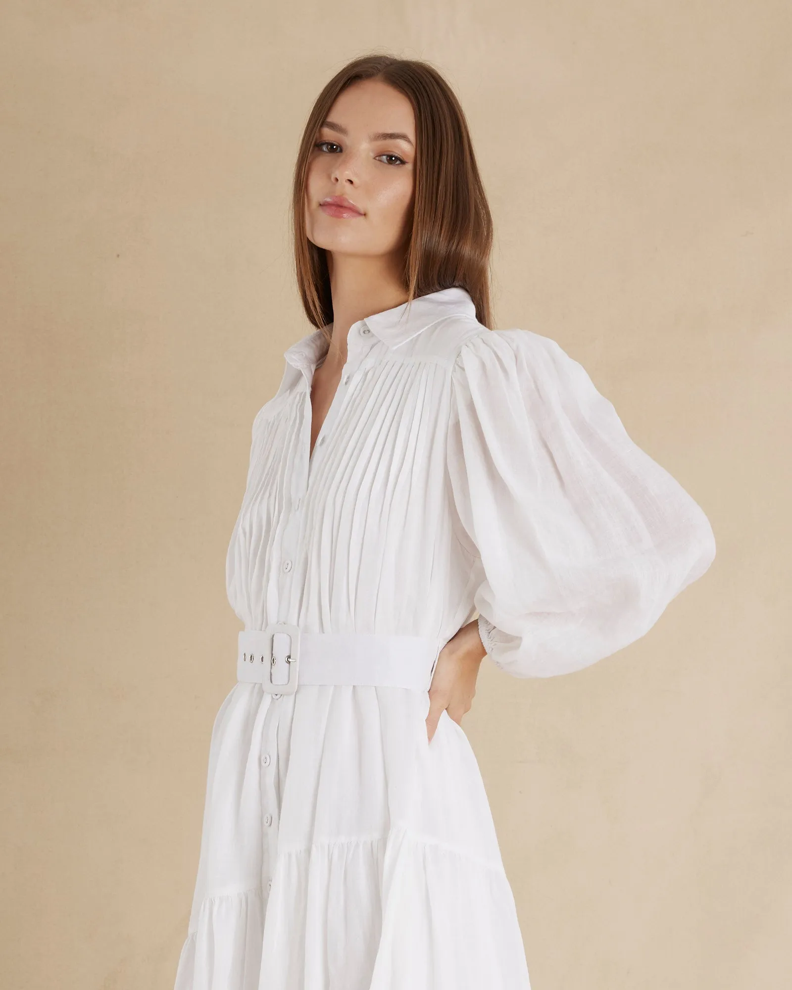 Poeta Ramie Pintuck Belted Dress - White