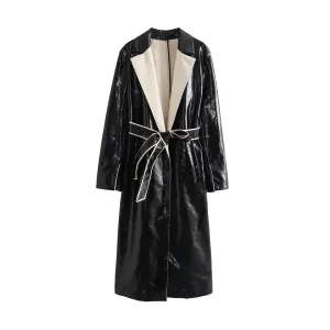 Pre Order:  Contrast Lapel Vegan Leather Coat