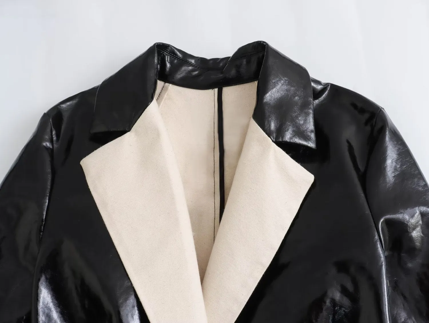 Pre Order:  Contrast Lapel Vegan Leather Coat