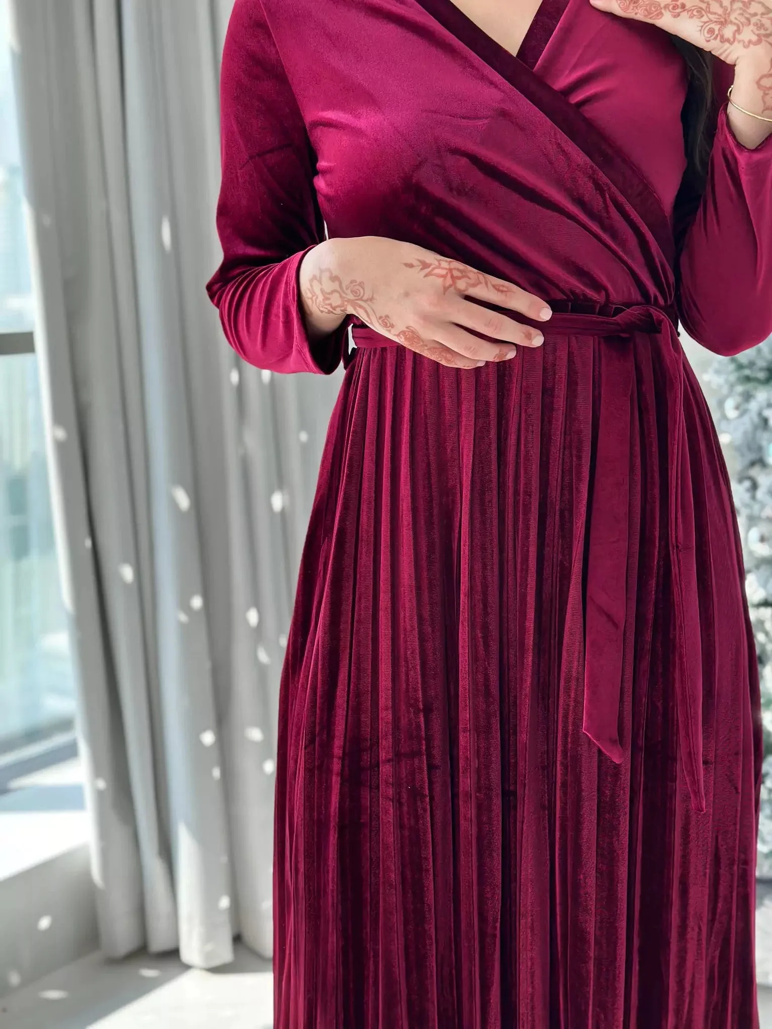 Promise - Plum Velvet Dress with Long Sleeves (Pleated)