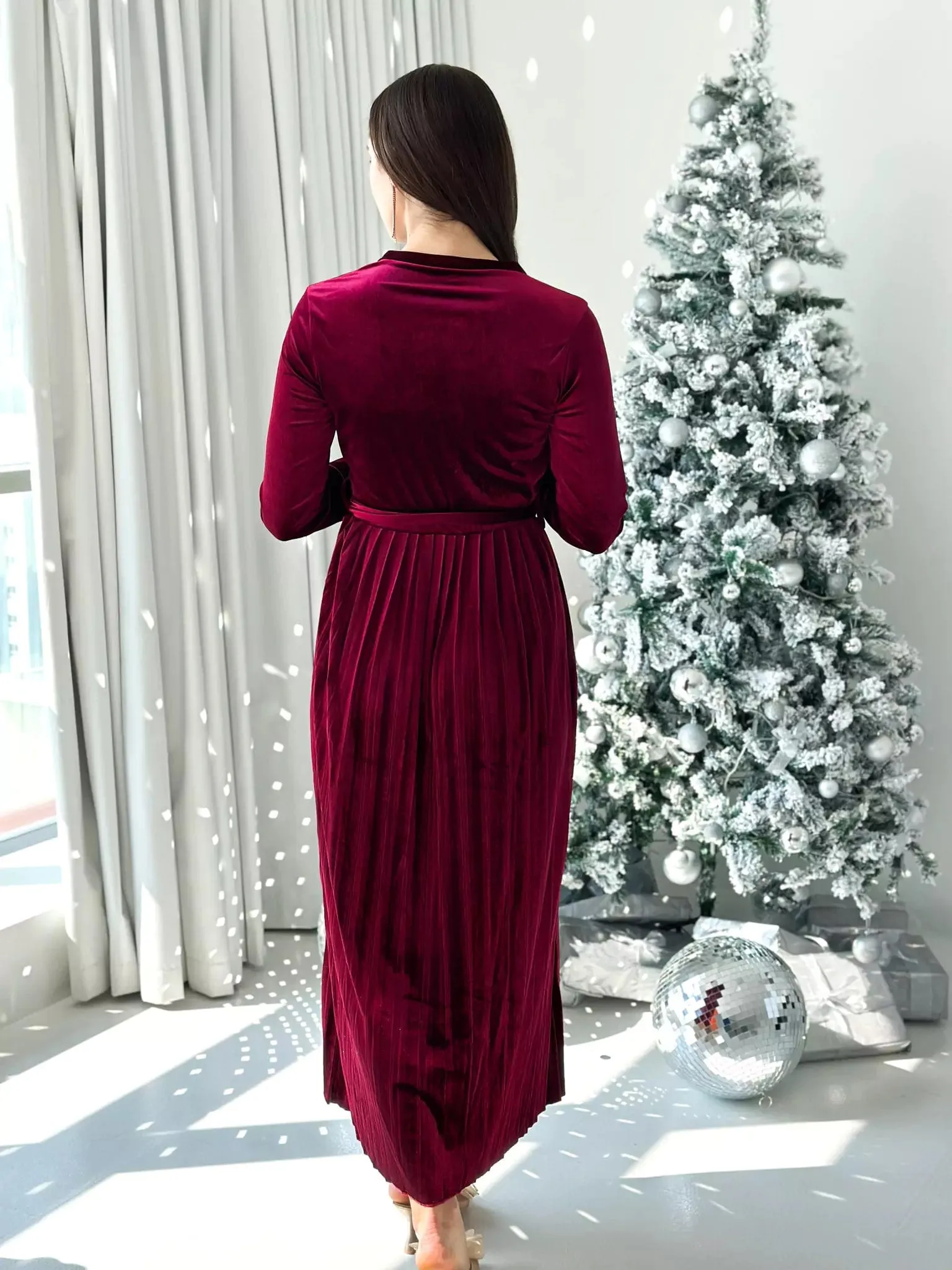 Promise - Plum Velvet Dress with Long Sleeves (Pleated)