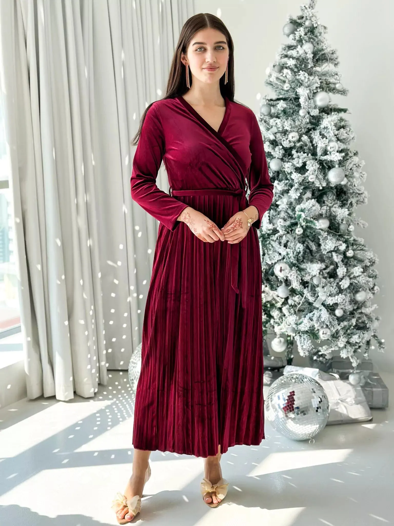 Promise - Plum Velvet Dress with Long Sleeves (Pleated)