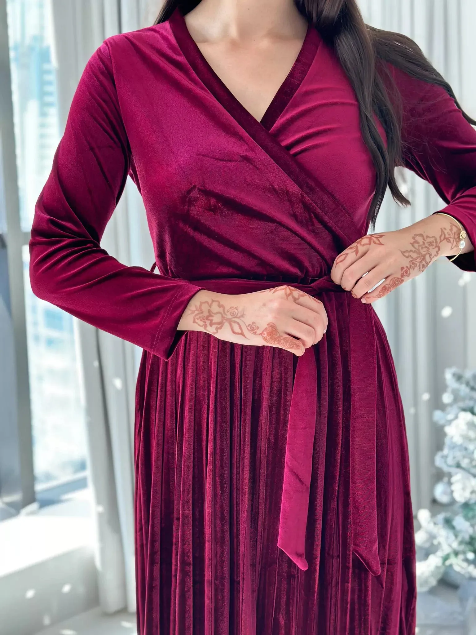 Promise - Plum Velvet Dress with Long Sleeves (Pleated)