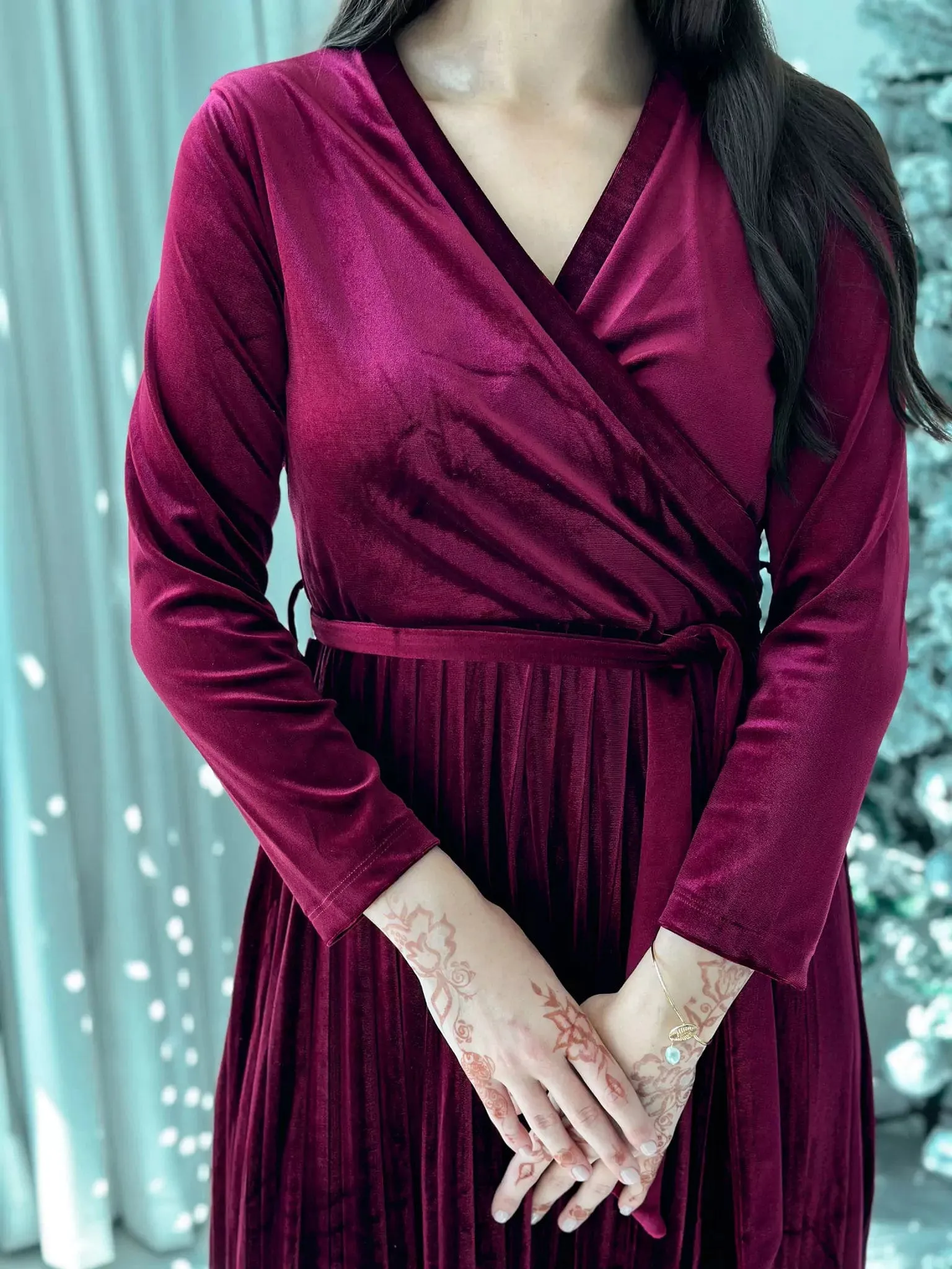 Promise - Plum Velvet Dress with Long Sleeves (Pleated)