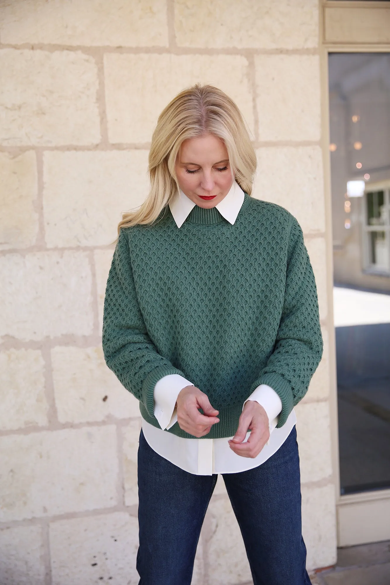 Responsible Wool-Cashmere Textured Stitch Drop Shoulder Sweater Ivy Vine