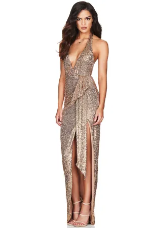 Sparkly Sequin Halter Backless Front Split Evening Maxi Dress - Champagne