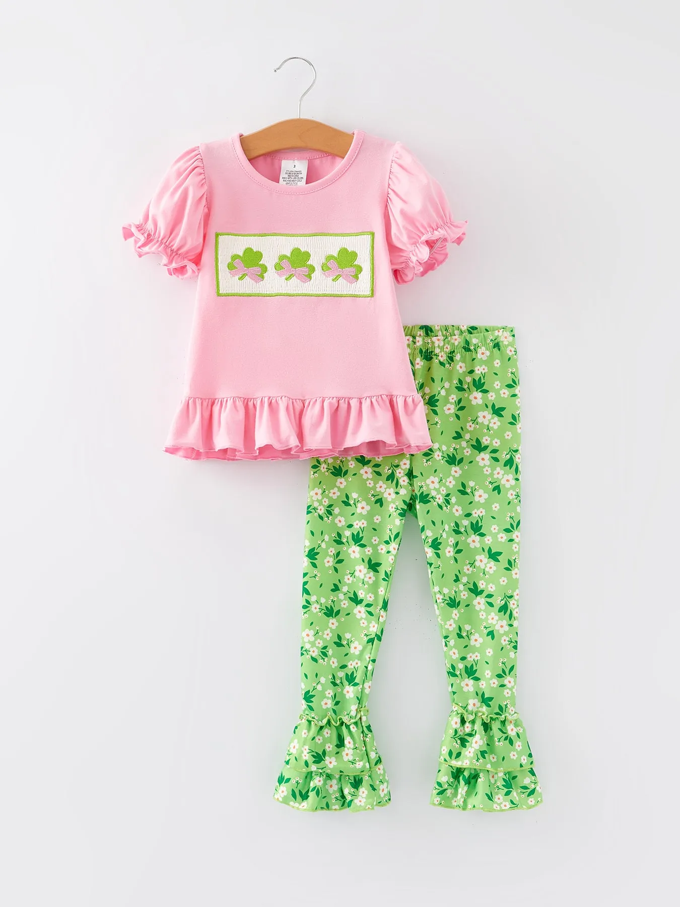 St. Patrick's Day Smocking Embroidered Pink Top Pants Outfit Set