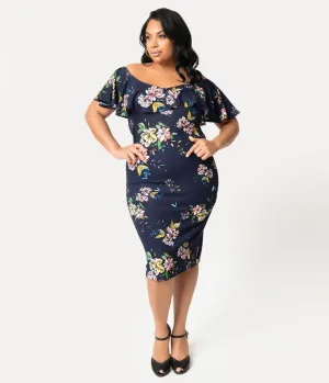 Unique Vintage Plus Size Navy Blue Floral Knit Draped Sophia Wiggle Dress