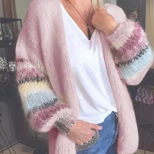 Wenkouban Striped Long Lantern Sleeve Mohair Sweater Autumn Mohair Cardigan Womens Sweaters Candy Color Sweater Knit Cardigan Coat