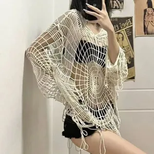 Y2K Hollow Knit Hooded Tops Women Goth Spider Web Spice Girl Mesh Pullovers Female Korean Fashion Fishing Net Sweaters