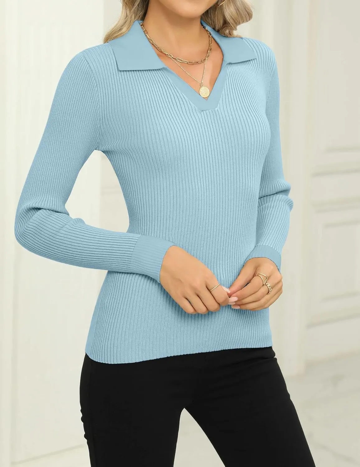 Zeagoo Womens Sweater Long Sleeve V Neck Ribbed Knit Tops