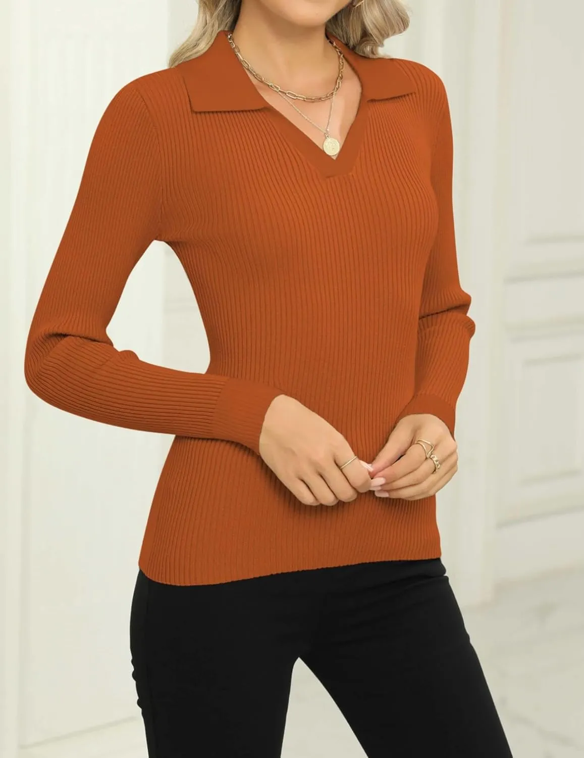 Zeagoo Womens Sweater Long Sleeve V Neck Ribbed Knit Tops